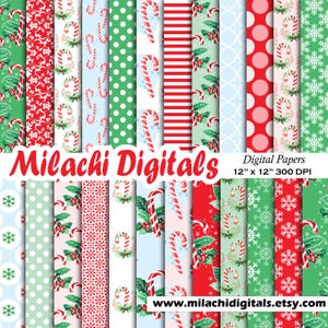 May include: A set of 16 digital papers featuring Christmas-themed patterns in red, green, white, and blue. The patterns include candy canes, holly, snowflakes, polka dots, stripes, and damask. The papers are 12 inches by 12 inches and 300 DPI. The text "Milachi Digitals" and "www.milachidigitals.etsy.com" are also included in the image.