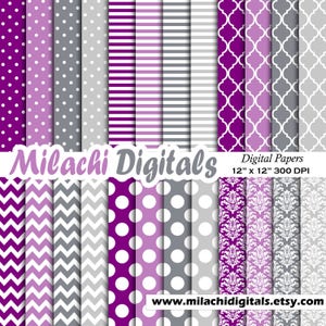 Papier numérique violet et gris, papier scrapbooking, fond, pois, rayures, motif marocain, chevron, Damas - M519