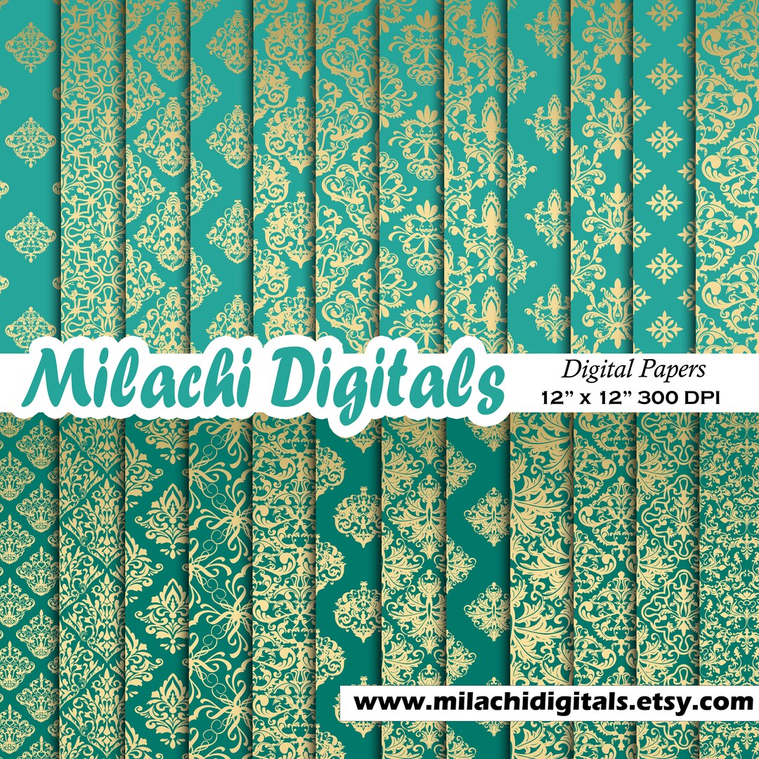 Teal and Gold Damask Digital Paper Seamless Damask Patterns Etsy