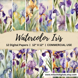 Papier numérique aquarelle iris, arrière-plans floraux, papier journal indésirable, papier de scrapbooking imprimable, papier pour travaux manuels, usage commercial
