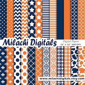 Papel digital azul marino y naranja, papeles de álbum de recortes, fondo, papel pintado, rayas, lunares, uso comercial - M542