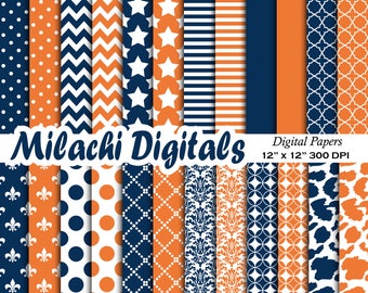 Navy Blue and Orange digital paper, scrapbook papers, background, wallpaper, stripes, polka dots, commercial use - M542