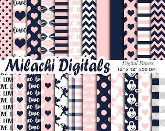 May include: A set of 12 digital papers in pink and navy blue with various patterns including hearts, polka dots, stripes, and chevron. The papers are 12 inches by 12 inches and 300 DPI. The text "Milachi Digitals" and "www.milachidigitals.etsy.com" are included in the image.