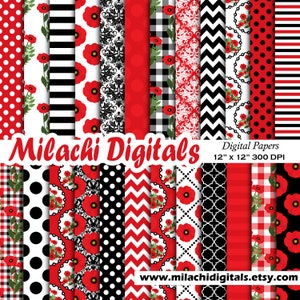 Poppy digital paper, floral scrapbook papers, seamless patterns, poppy flower wallpaper, floral patterns, red and black background M901