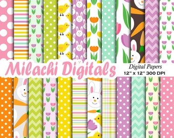 Easter digital paper easter tulips scrapbook papers chick wallpaper bunny background carrot commercial use - M626