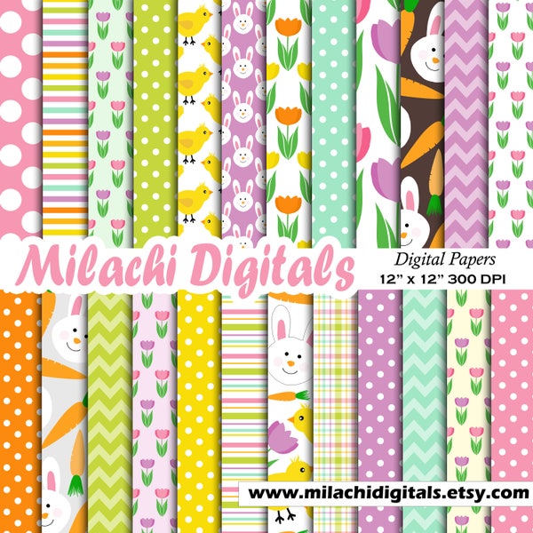 Easter digital paper easter tulips scrapbook papers chick wallpaper bunny background carrot commercial use - M626