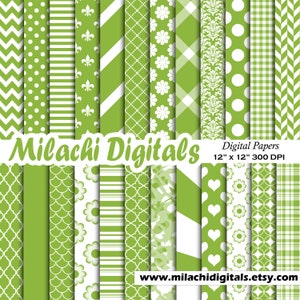 Apfelgrüne Digitalpapiere, Scrapbook-Papiere, Tapete, Damasthintergrund, Polka-Punkte, Chevron, Streifen-M646