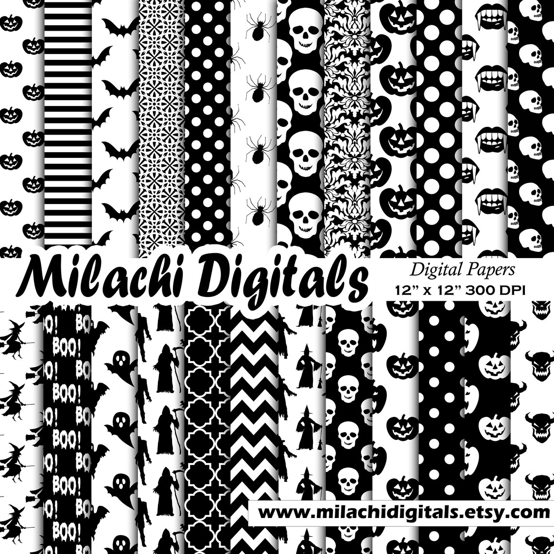 Black and White Halloween Digital Paper Seamless, Trick or Treat ...