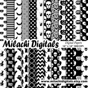 Black and White Halloween Digital Paper Seamless, Trick or Treat Scrapbook Papers, Skull Wallpaper, Zombie Papers, Spooky Papers  M1009