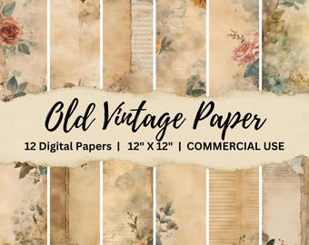 Oud vintage papier Digitaal papier, bloemenachtergronden, junkdagboekpapier, afdrukbaar plakboekpapier, knutselpapier, commercieel gebruik