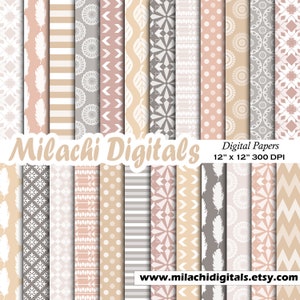 Peut inclure: Un ensemble de 18 papiers numériques avec différents motifs géométriques et floraux dans des tons beige, rose et gris. Les papiers mesurent 30,5 cm x 30,5 cm et 300 DPI. Le texte "Milachi Digitals" et "Digital Papers 12" x 12" 300 DPI" est inclus dans l'image.
