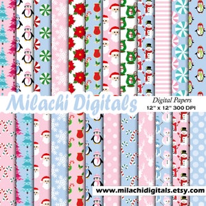 Weihnachten Digital Paper Pack, Urlaub Scrapbook Papiere, Nahtlose Hintergründe, Pinguin, Schneeflocke, Weihnachtsmann, Zuckerstange, Schneemann - M1057