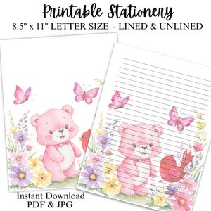Papeterie rose ours, oiseau et papillons à imprimer, journal intime, lettres, bloc-notes, papier à lettres, papeterie, avec et sans doublure