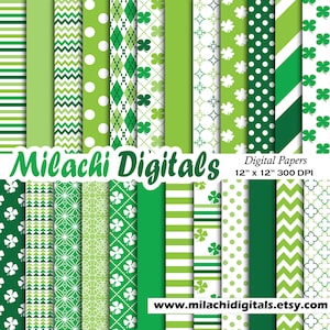 Digitales Papier zum St. Patrick's Day, Hintergrund, Scrapbook-Papiere, Streifen, Chevron, Tupfen, Kleeblatt, Kleeblatt - M297
