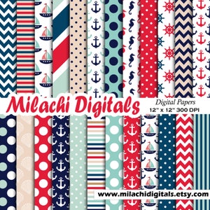 Nautical digital paper, Ahoy scrapbook papers, chevron background, wallpaper, commercial use - M548