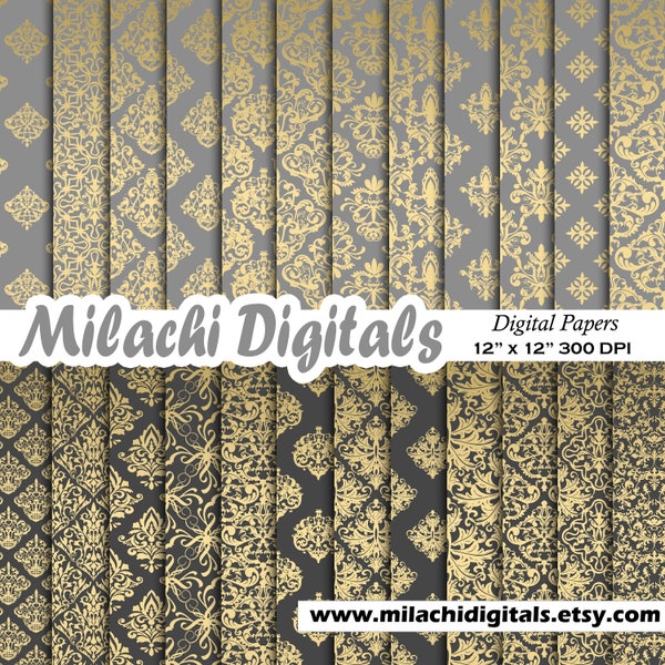 Gray and Gold Damask digital paper, seamless gold patterns, wedding scrapbook papers, princess papers, prince papers, luxury patterns M892