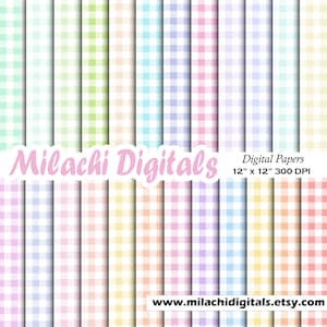 Puede incluir: Un conjunto de 12 papeles digitales con patrones de cuadros pastel en varios colores. Los papeles miden 30,48 cm x 30,48 cm y tienen una resolución de 300 DPI. El texto "Milachi Digitals" y "www.milachidigitals.etsy.com" es visible en la imagen.