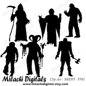 Halloween Silhouette Digital Clip Art, Headless Horseman, Jester, Bigfoot, Grim Reaper, Instant Download - M361