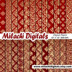Red and Gold Damask Digital Paper, Seamless Damask Patterns, Gold Damask Backgrounds, Damask Scrapbook Papers, Commercial Use M887