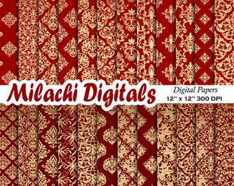 Red and Gold Damask Digital Paper, Seamless Damask Patterns, Gold Damask Backgrounds, Damask Scrapbook Papers, Commercial Use M887