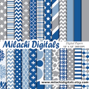 Blu e grigio carta digitale, carte scrapbook, carta da parati, scrapbooking digitale, pois, righe, chevron - M580