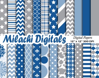 Blue and Gray digital paper, scrapbook papers, wallpaper, digital scrapbooking, polka dots, stripes, chevron - M580