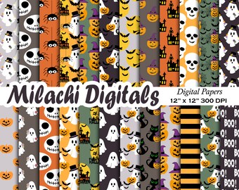 Halloween Digital Paper, Trick or Treat Scrapbook Papers, Seamless Patterns, Cats, Spooky Ghost Papers, Junk Journal Papers, Pumpkin - M1045