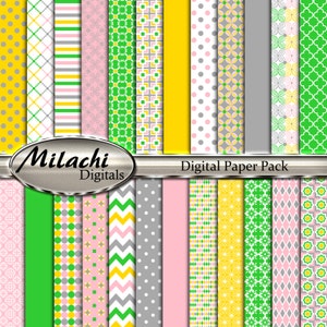 Puede incluir: Un paquete de papel digital con 16 patrones diferentes en verde, amarillo, rosa y gris. Los patrones incluyen lunares, rayas, formas geométricas y diseños florales. El texto "Milachi Digitals" y "Digital Paper Pack" está incluido en la imagen.