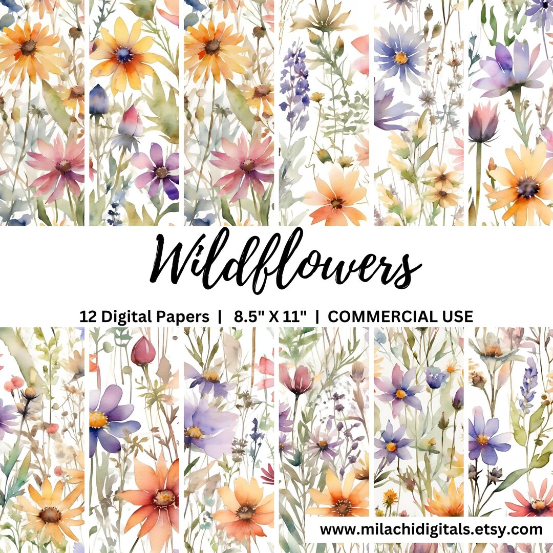 Watercolor Wildflowers Junk Journal Pages, 8.5"x11" Digital Paper Pack ...
