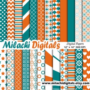 Könnte beinhalten: Ein Set mit 16 digitalen Papieren in Türkis und Orange mit verschiedenen geometrischen Mustern. Die Papiere sind 30,5 cm x 30,5 cm groß und haben eine Auflösung von 300 DPI. Der Text "Milachi Digitals" und "www.milachidigitals.etsy.com" ist im Bild enthalten.