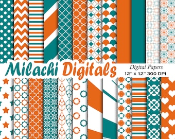 Orange and Teal Digital Paper, printable papers, digital scrapbooking, polka dots, chevron, stripes - M364