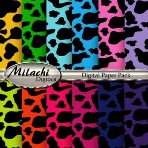 May include: A digital paper pack featuring 10 cow print patterns in a range of bright colours, including yellow, green, blue, pink, and purple. The text "Milachi Digitals" and "Digital Paper Pack" is displayed on the image.
