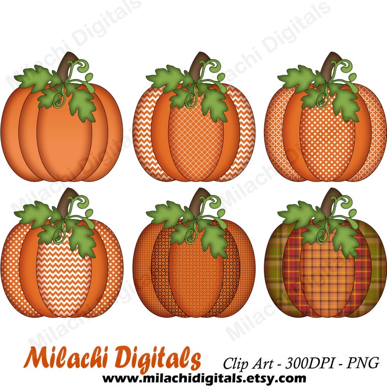 May include: Six digital illustrations of pumpkins with different patterns. The pumpkins are orange with green leaves and stems. The patterns include polka dots, plaid, chevron, and geometric designs.