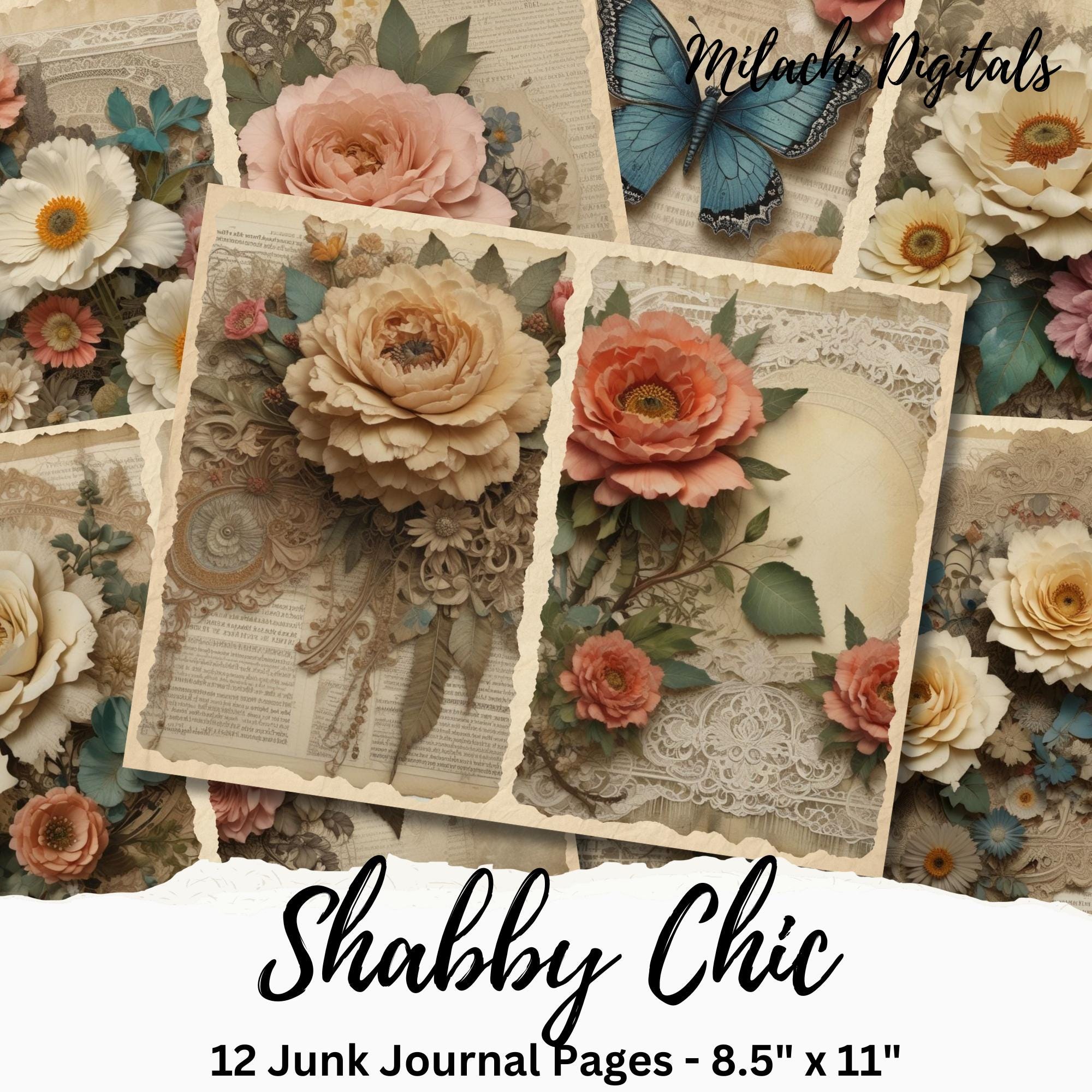 Shabby Chic Junk Journal Paper Printable, Shabby Floral Scrapbook Paper ...