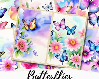 Watercolor Butterflies Junk Journal Paper Printable, Butterflies Scrapbook Paper, Summer Junk Journal Digital Collage Sheet