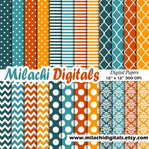 Turquoise en oranje digitale papier, scrapbook papers, achtergrond, polka stippen, strepen, Marokkaanse patroon, chevron, damast - M525