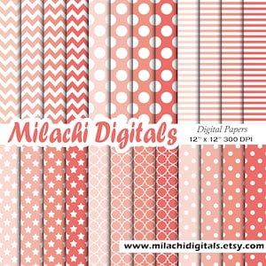 Könnte beinhalten: Ein Set mit 12 digitalen Papieren in verschiedenen Mustern, darunter Chevron, Punkte, Sterne und geometrische Designs. Die Papiere sind in Rosatönen und Weiß gehalten und haben eine Größe von 30,5 cm x 30,5 cm bei 300 DPI. Der Text "Milachi Digitals" und "www.milachidigitals.etsy.com" ist ebenfalls im Bild enthalten.