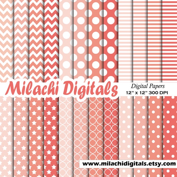 Coral digital paper, coral scrapbook papers, coral polka dots wallpaper, stars background, chevron printable paper - M557