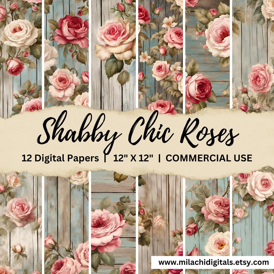 Shabby Chic Roses Digital Paper, Floral Backgrounds, Junk Journal Paper ...