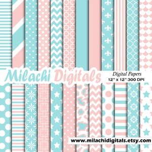 Op de afbeelding: Een set van 12 digitale papieren in roze en blauw met verschillende patronen, waaronder stippen, strepen, sterren en geometrische ontwerpen. De papieren zijn 30,5 cm bij 30,5 cm en 300 DPI. Milachi Digitals.