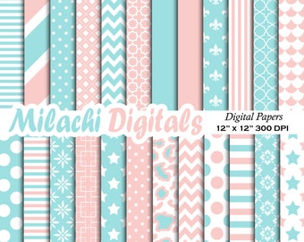 soft cyan and pink digital papers, scrapbook papers, background, polka dots, stripes, chevron, gender reveal - M536