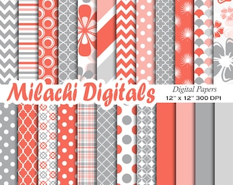 Grey and Orange digital paper scrapbook papers wallpaper patterns background commercial use - M591