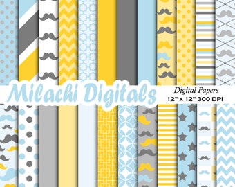 Papel digital bigote, papel de álbum de recortes de hombre pequeño, fondo de pantalla de la ducha de bebé niño, fondo del día del padre - M378