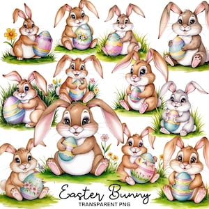 Easter Bunny Clipart Bundle, 12 PNG Images with Transparent Background, Cute Spring Bunny Graphics for Easter Crafts & Decorations