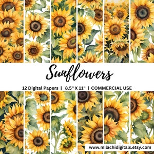 Sunflowers Digital Paper Pack, 8.5"x11" Printable Junk Journal Pages, Watercolor Sunflower Backgrounds, Printable Scrapbook Paper