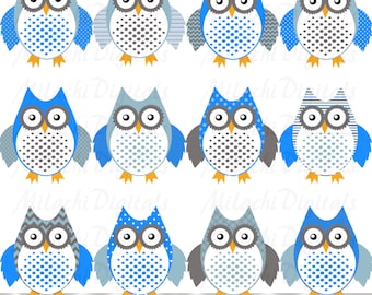 Blue and Gray Owl clipart, digital clip art, printable, commercial use - Instant Download - M264