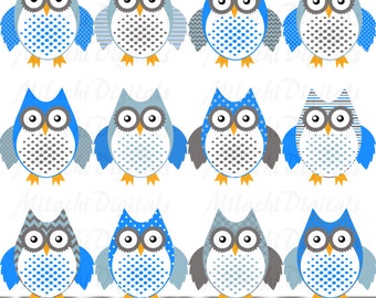Blauw en grijs Owl clipart, digitale clip art, afdrukbare, commercieel gebruik - Instant downloaden - M264
