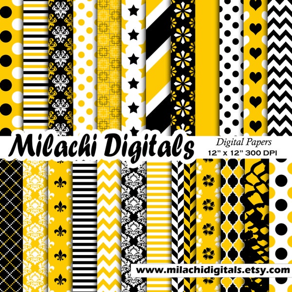 Mustard Yellow digital paper, polka dot scrapbook papers, hearts wallpaper, damask background - M563