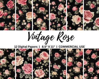 Vintage Rose Digital Paper Pack, 8.5"x11" Shabby Chic Printable Junk Journal Pages, Floral Backgrounds, Instant Download, Commercial Use