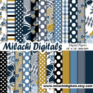 Floral DigitalPapier, Floral Papiere, druckbare Scrapbook Papier, Blumen Hintergründe, Blumen, blau, Marineblau, Streifen, kommerzielle Nutzung M779